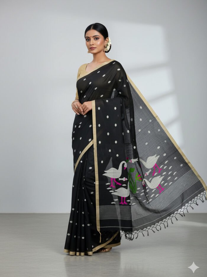 Pure Handwoven Cotton Saree – Black Elegance with Duck Motif