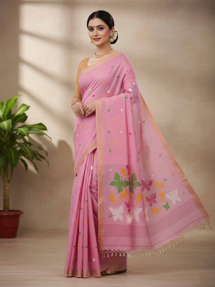 Pure Handwoven Cotton Saree – Soft Pink with Butterfly Motif