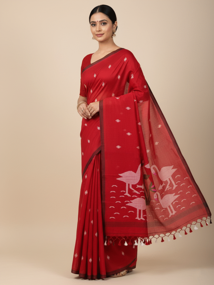 Pure Cotton Handwoven Red Saree with Swan Motif Pallu