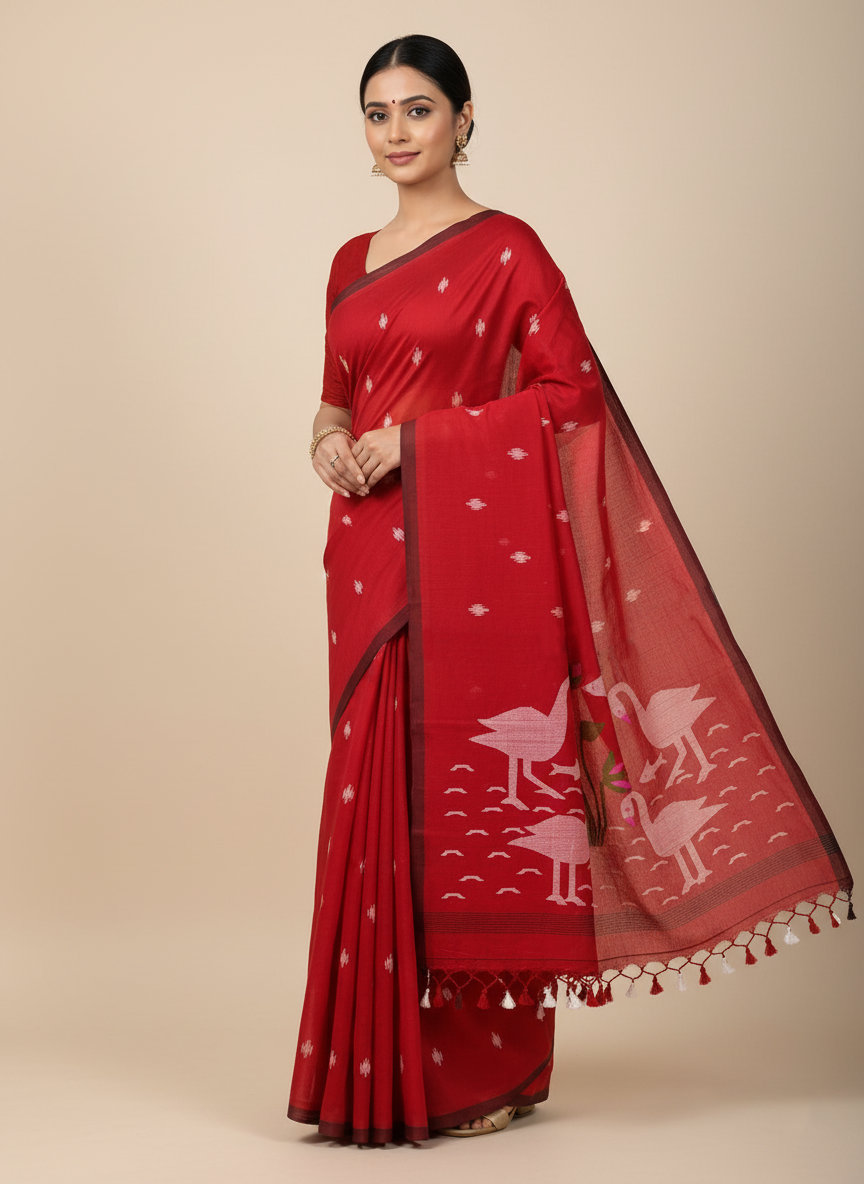 Pure Cotton Handwoven Red Saree with Swan Motif Pallu