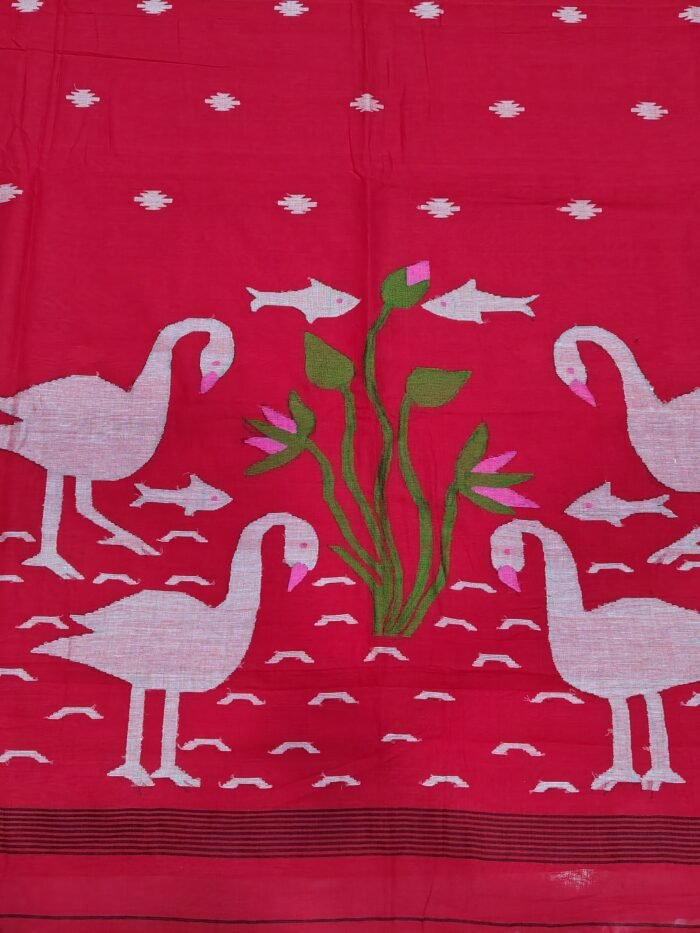 Alternative view of Pure Cotton Handwoven Red Saree with Swan Motif Pallu