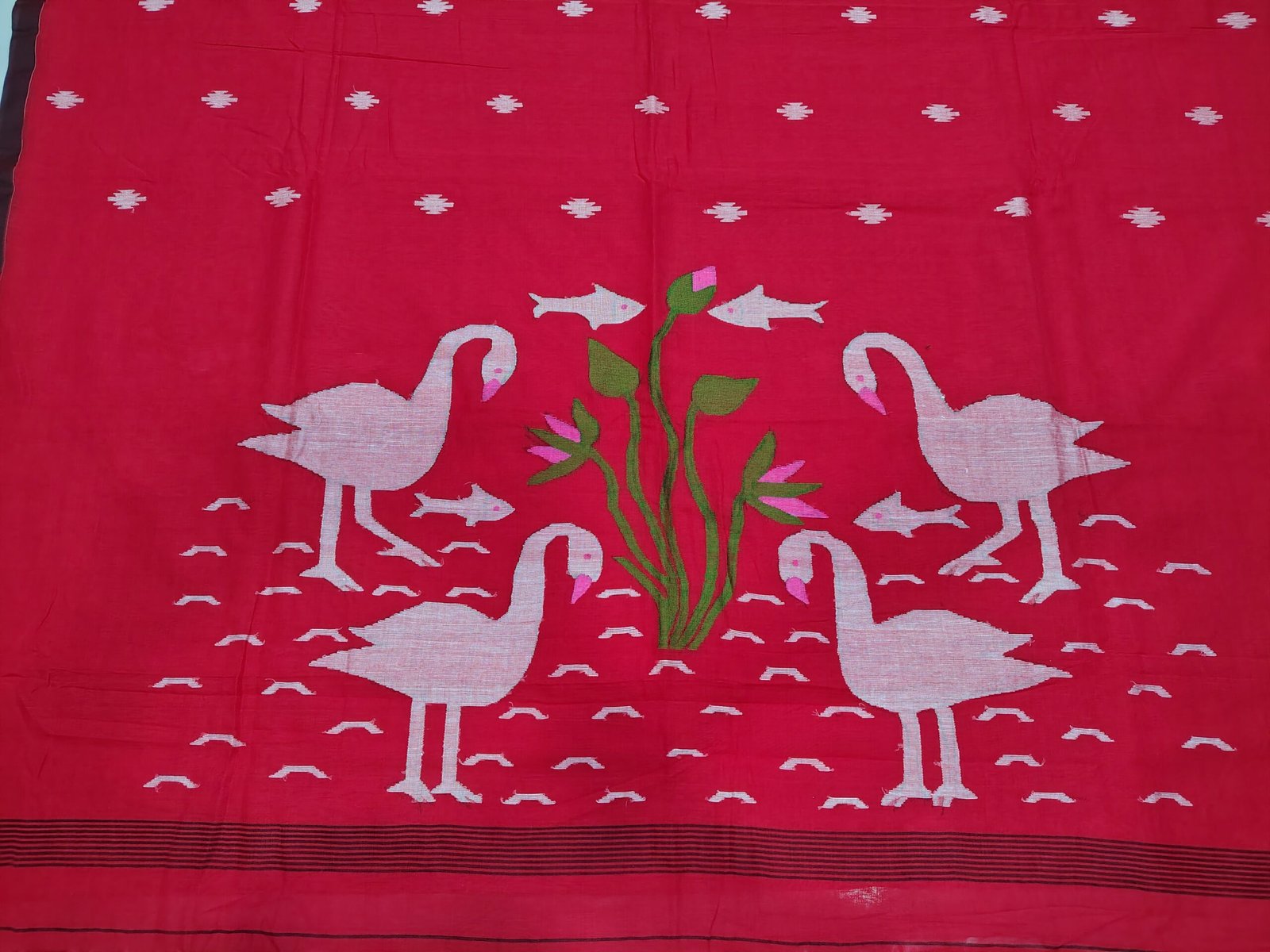 Pure Cotton Handwoven Red Saree with Swan Motif Pallu - Image 2