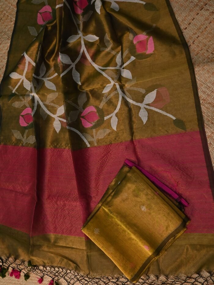 Golden Tissue Jamdani Suit Set (Unstitched) – Handwoven Floral 2-Piece Set