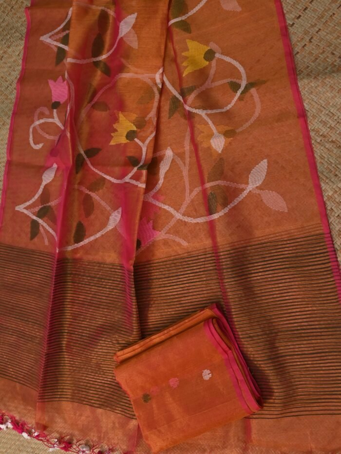 Rust Orange Tissue Jamdani Suit Set (Unstitched) – Handwoven Floral 2-Piece Set