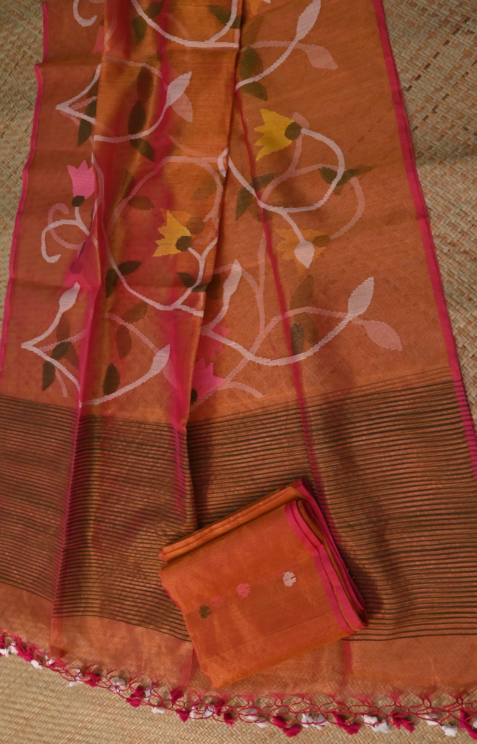 Rust Orange Tissue Jamdani Suit Set (Unstitched) – Handwoven Floral 2-Piece Set