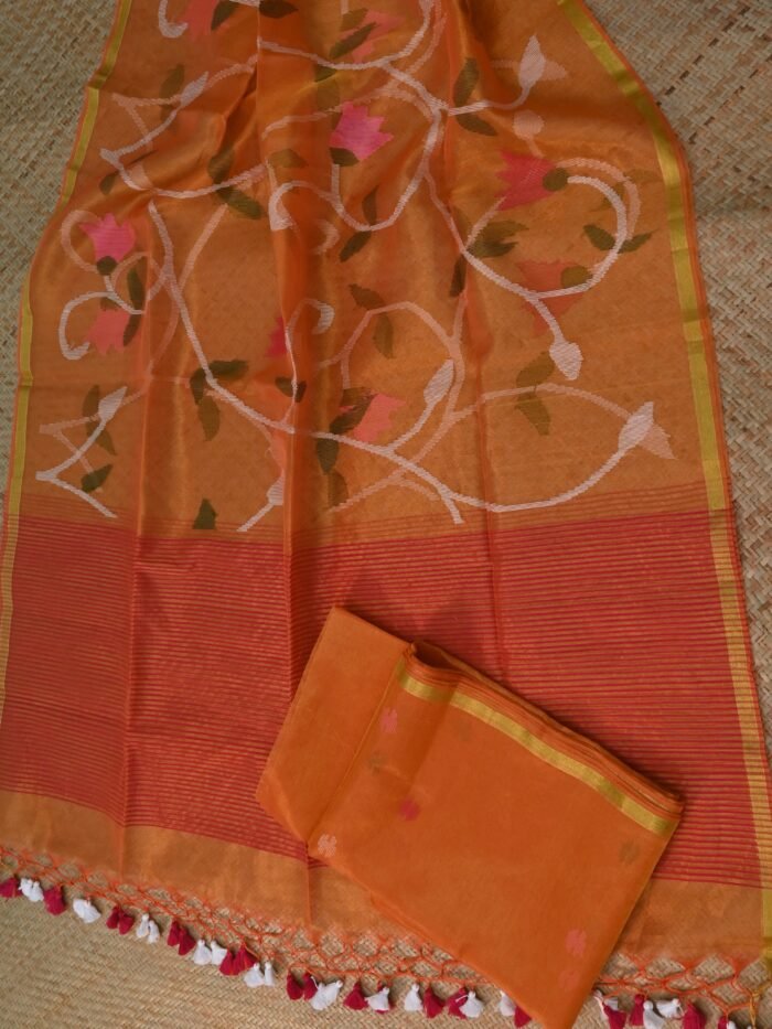 Orange Tissue Jamdani Suit Set (Unstitched) – Elegant 2-Piece Floral Weave
