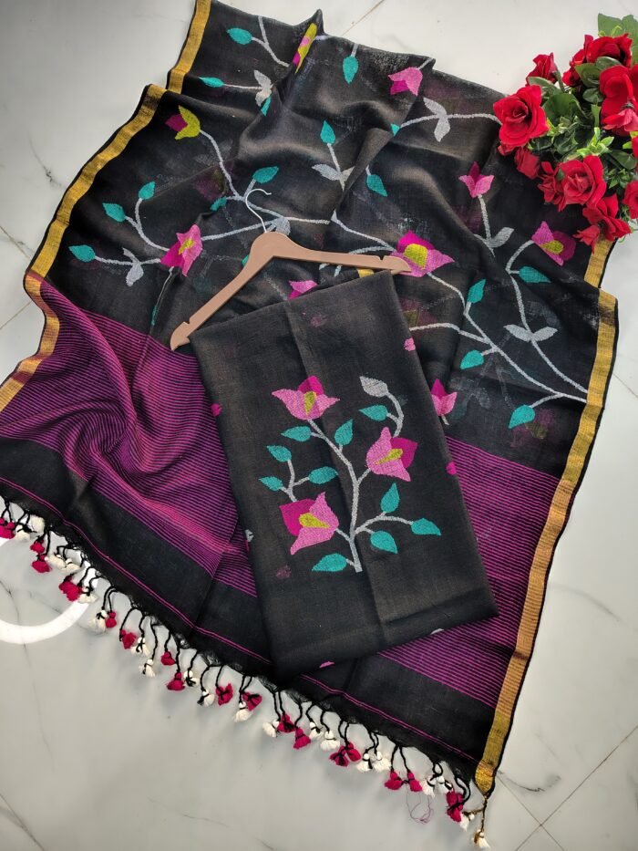 Pure Linen Unstitched Jamdani Suit – Elegant 2-Piece Set