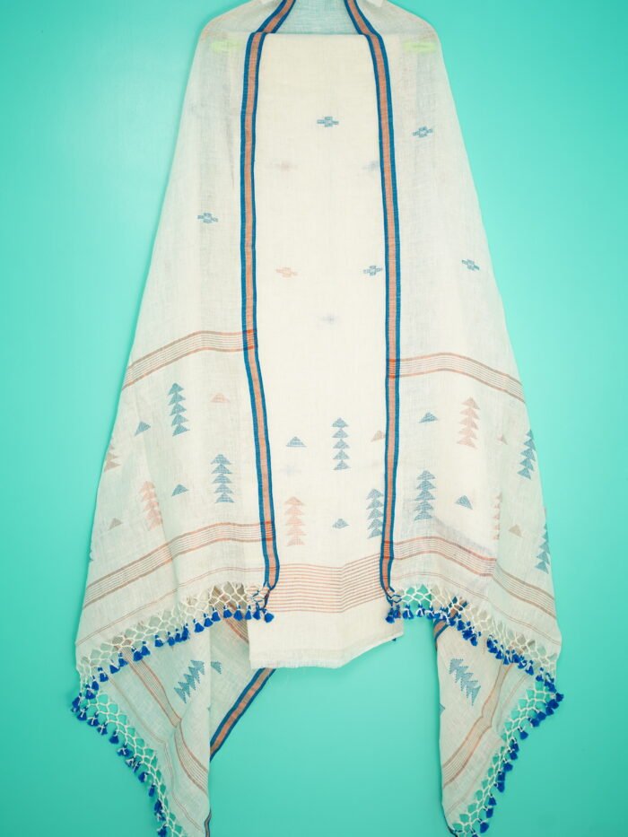 Pure Linen Unstitched Jamdani Suit – Elegant 2-Piece Set