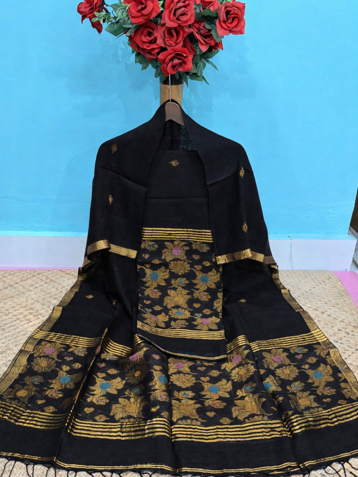 Pure Linen Top & Dupatta Set with Woven Buti Work (2-Piece)