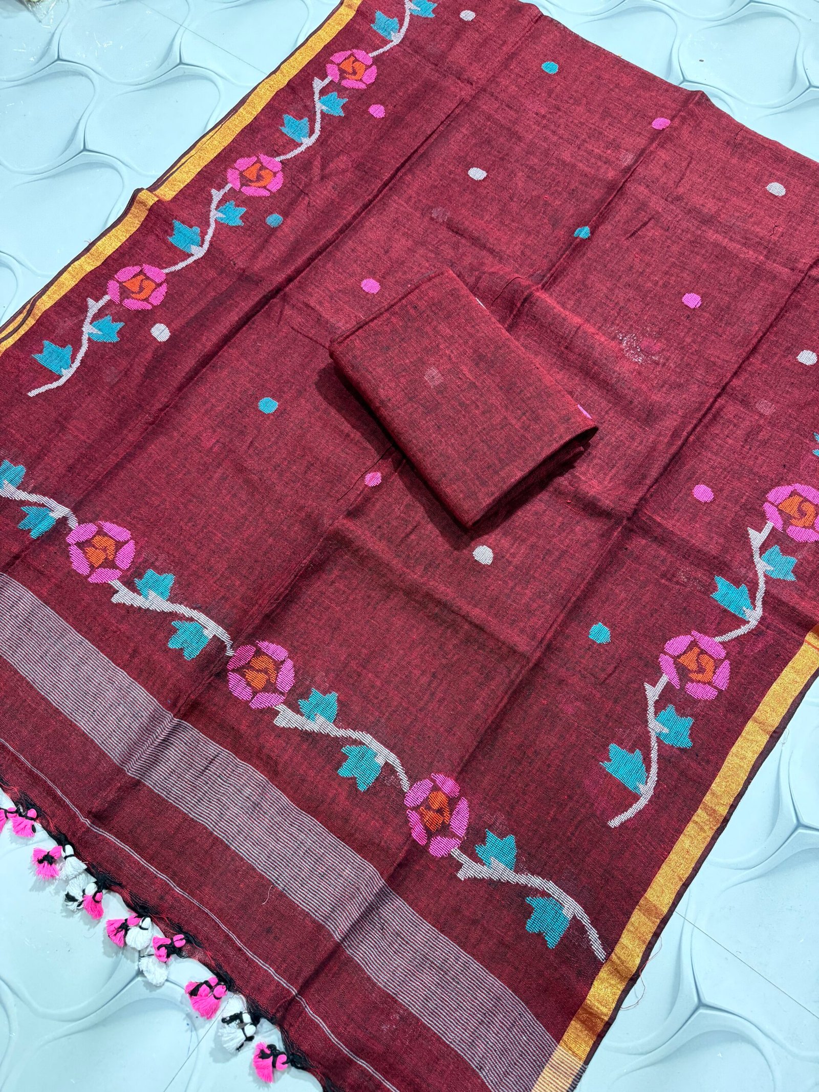 Floral Vine Linen Top & Dupatta Set (Unstitched) – Elegant 2 Piece