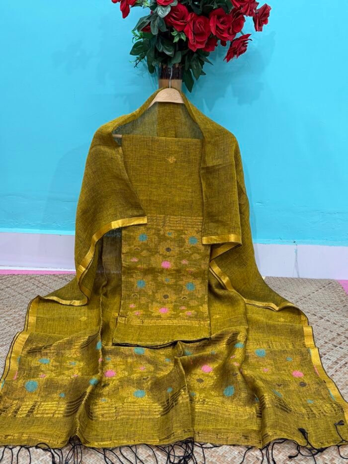 Pure Linen Top & Dupatta Set with Woven Buti Work (2-Piece)