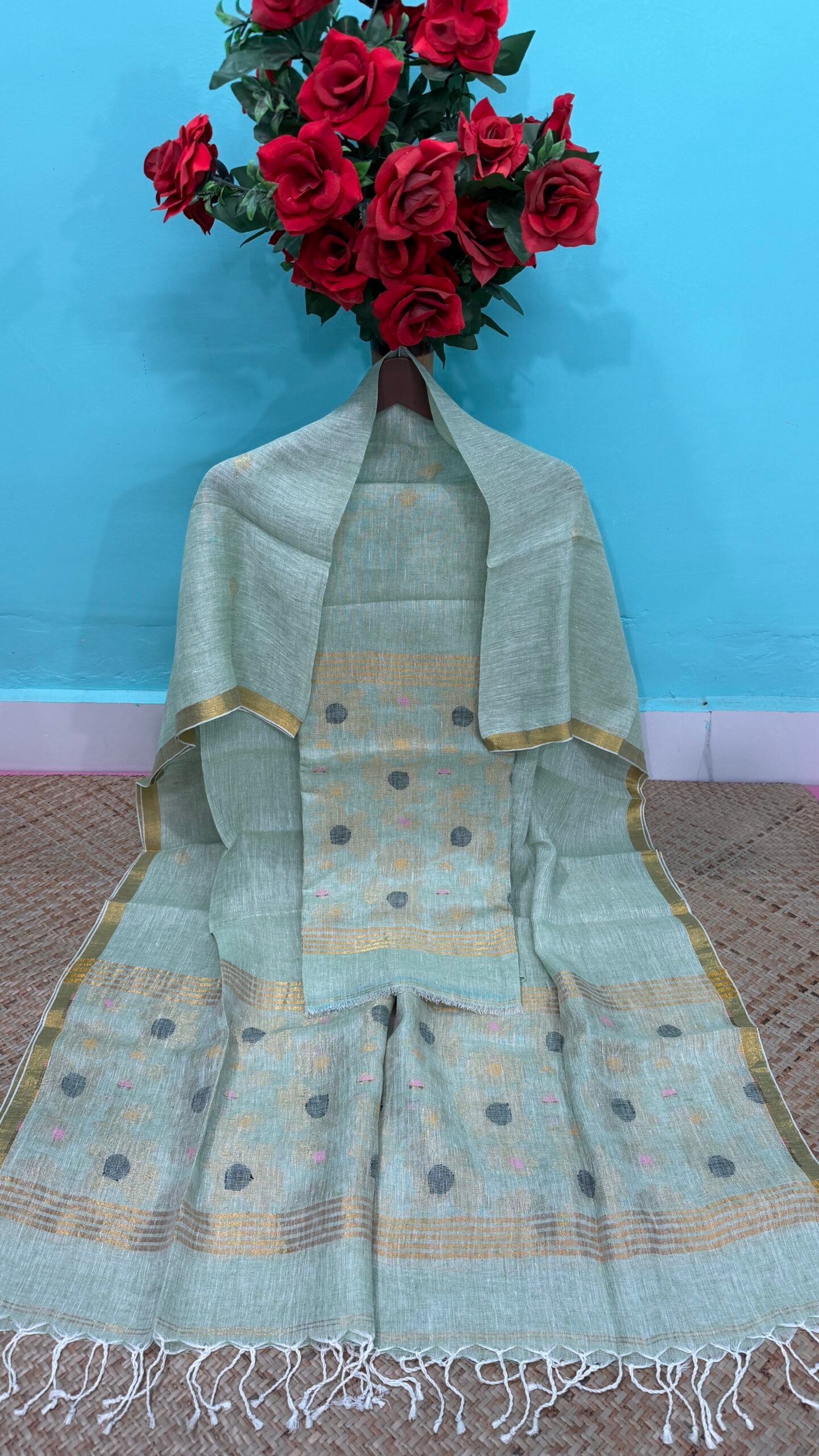 Pure Linen Top & Dupatta Set with Woven Buti Work (2-Piece)