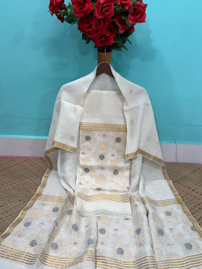 Pure Linen Top & Dupatta Set with Woven Buti Work (2-Piece)