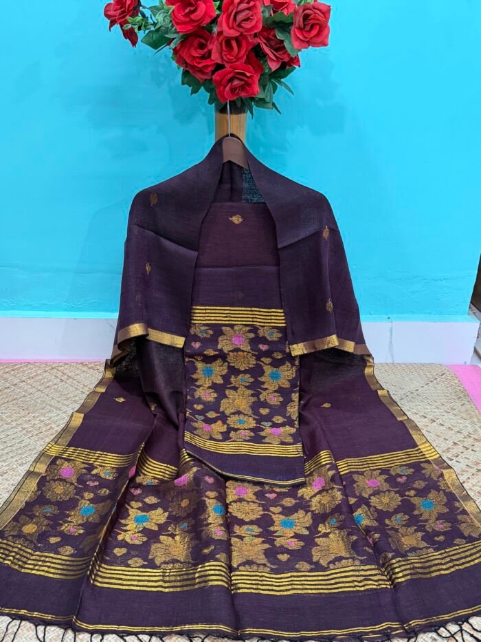 Pure Linen Top & Dupatta Set with Woven Buti Work (2-Piece)