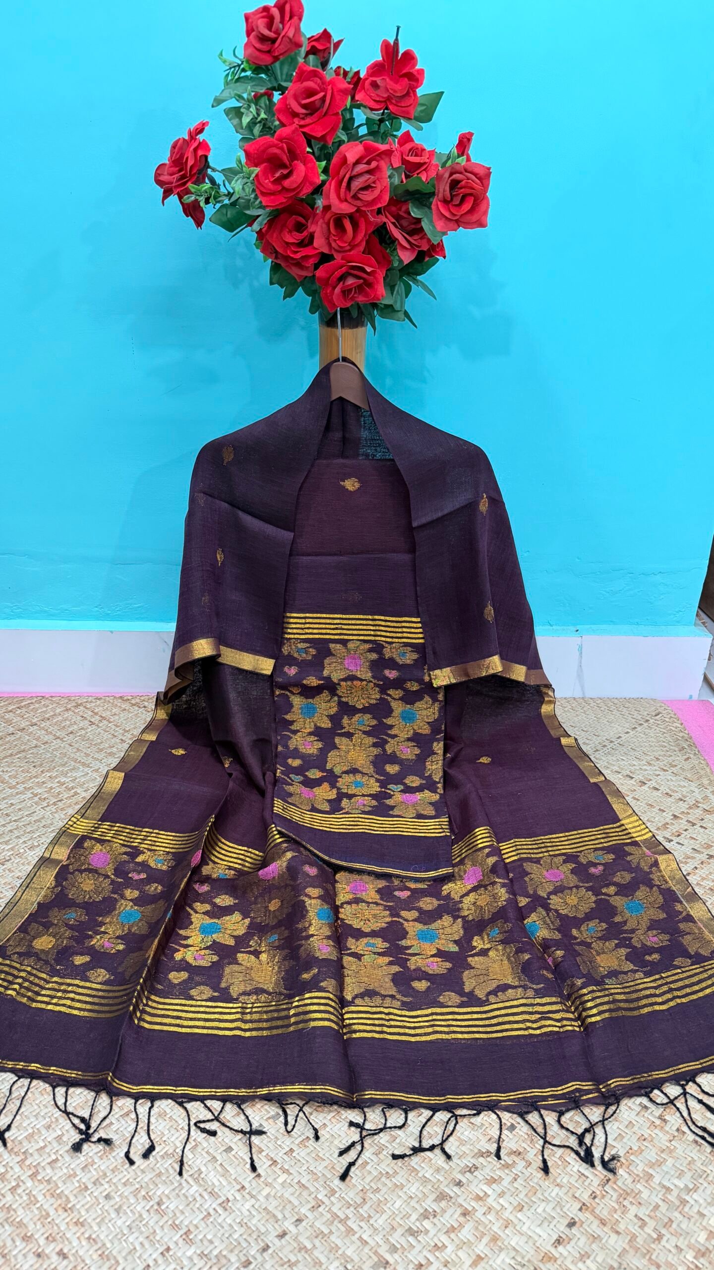 Pure Linen Top & Dupatta Set with Woven Buti Work (2-Piece)