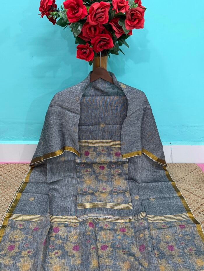 Alternative view of Pure Linen Top & Dupatta Set with Woven Buti Work (2-Piece)
