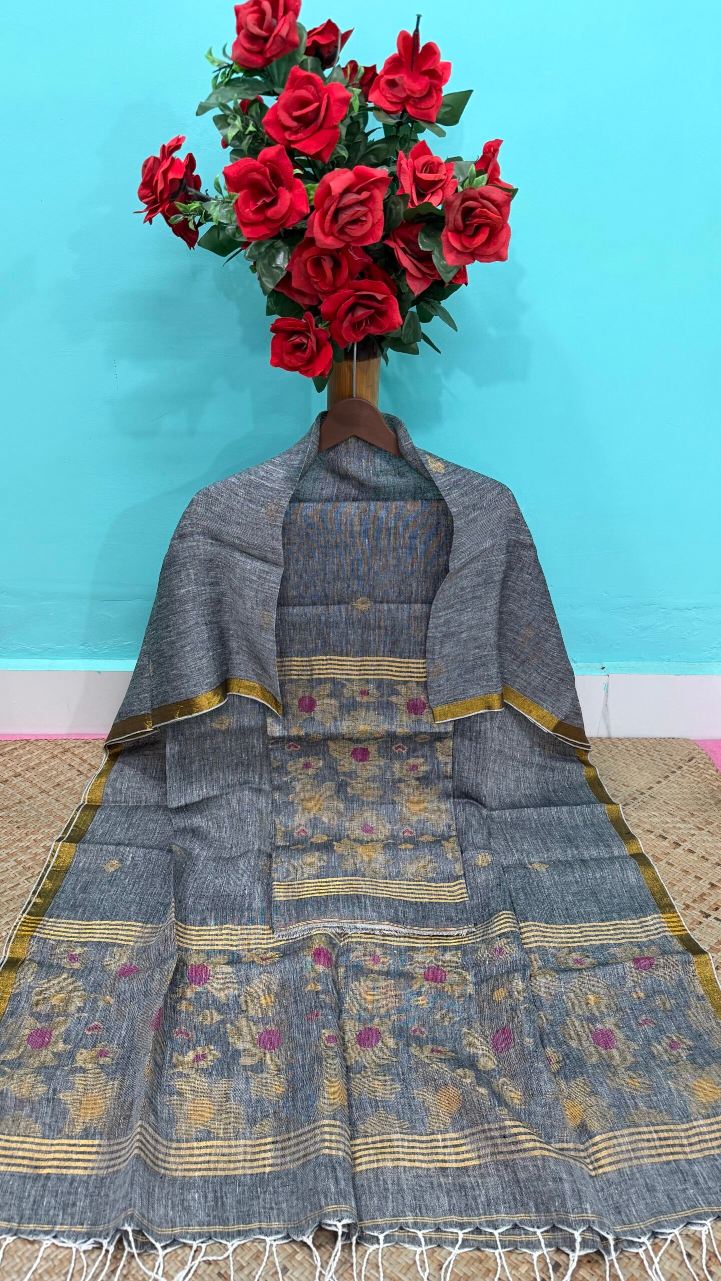 Pure Linen Top & Dupatta Set with Woven Buti Work (2-Piece) - Image 2