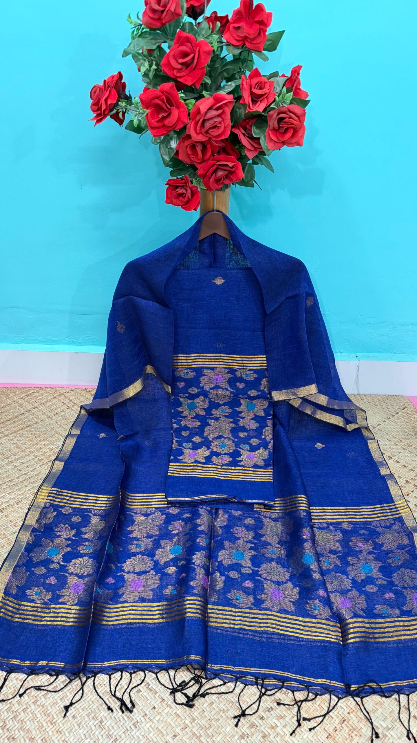 Pure Linen Top & Dupatta Set with Woven Buti Work (2-Piece)