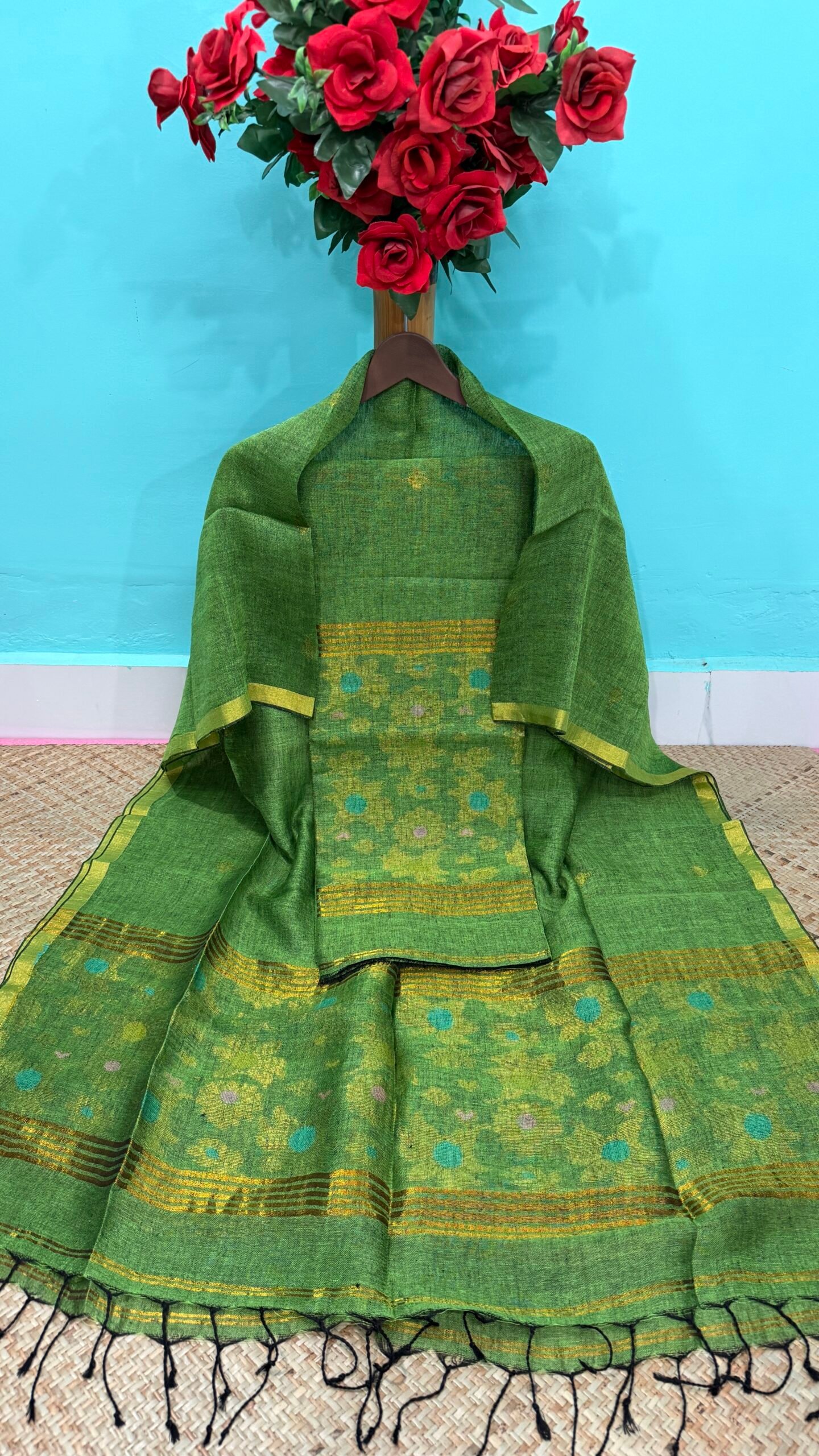 Pure Linen Top & Dupatta Set with Woven Buti Work (2-Piece)
