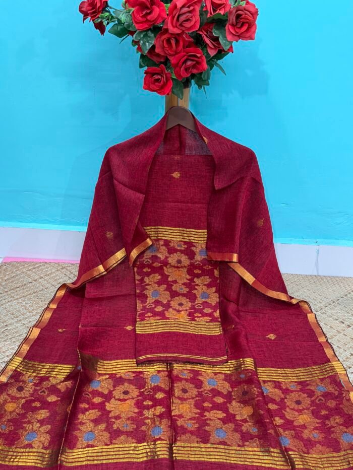 Pure Linen Top & Dupatta Set with Woven Buti Work (2-Piece)