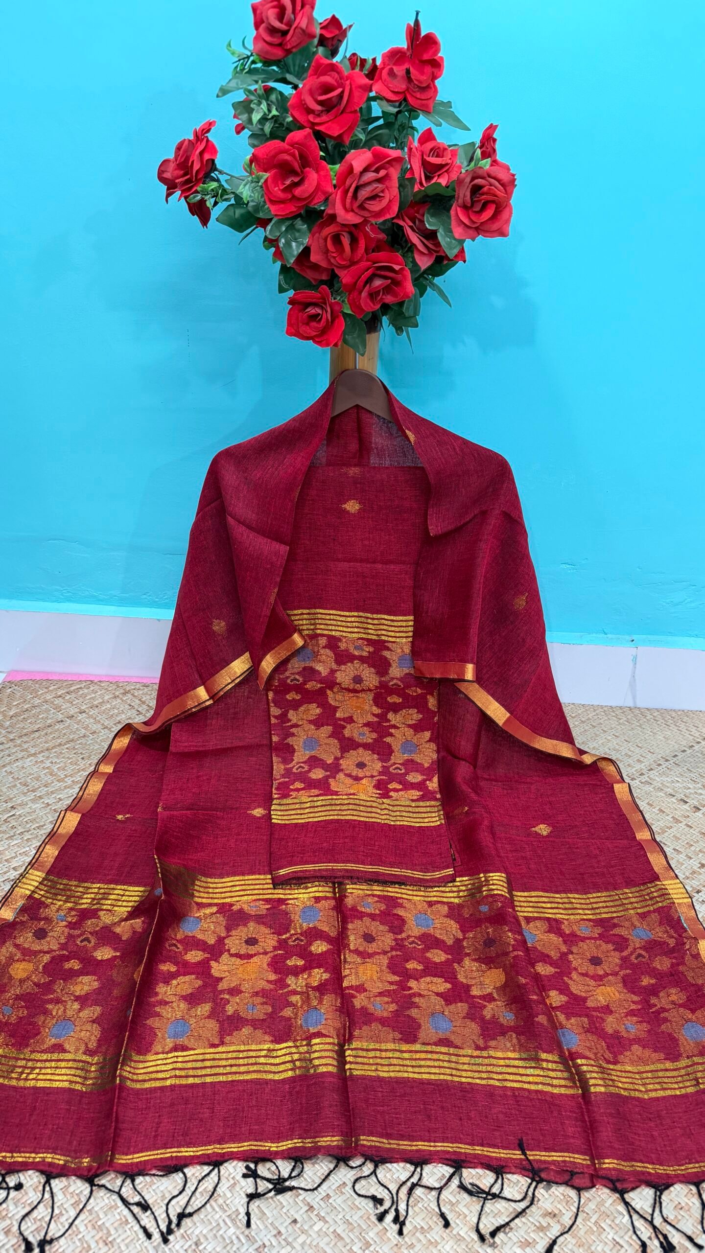 Pure Linen Top & Dupatta Set with Woven Buti Work (2-Piece)