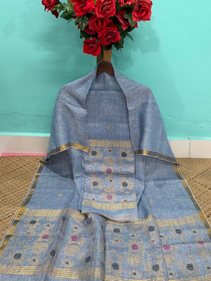 Pure Linen Top & Dupatta Set with Woven Buti Work (2-Piece)