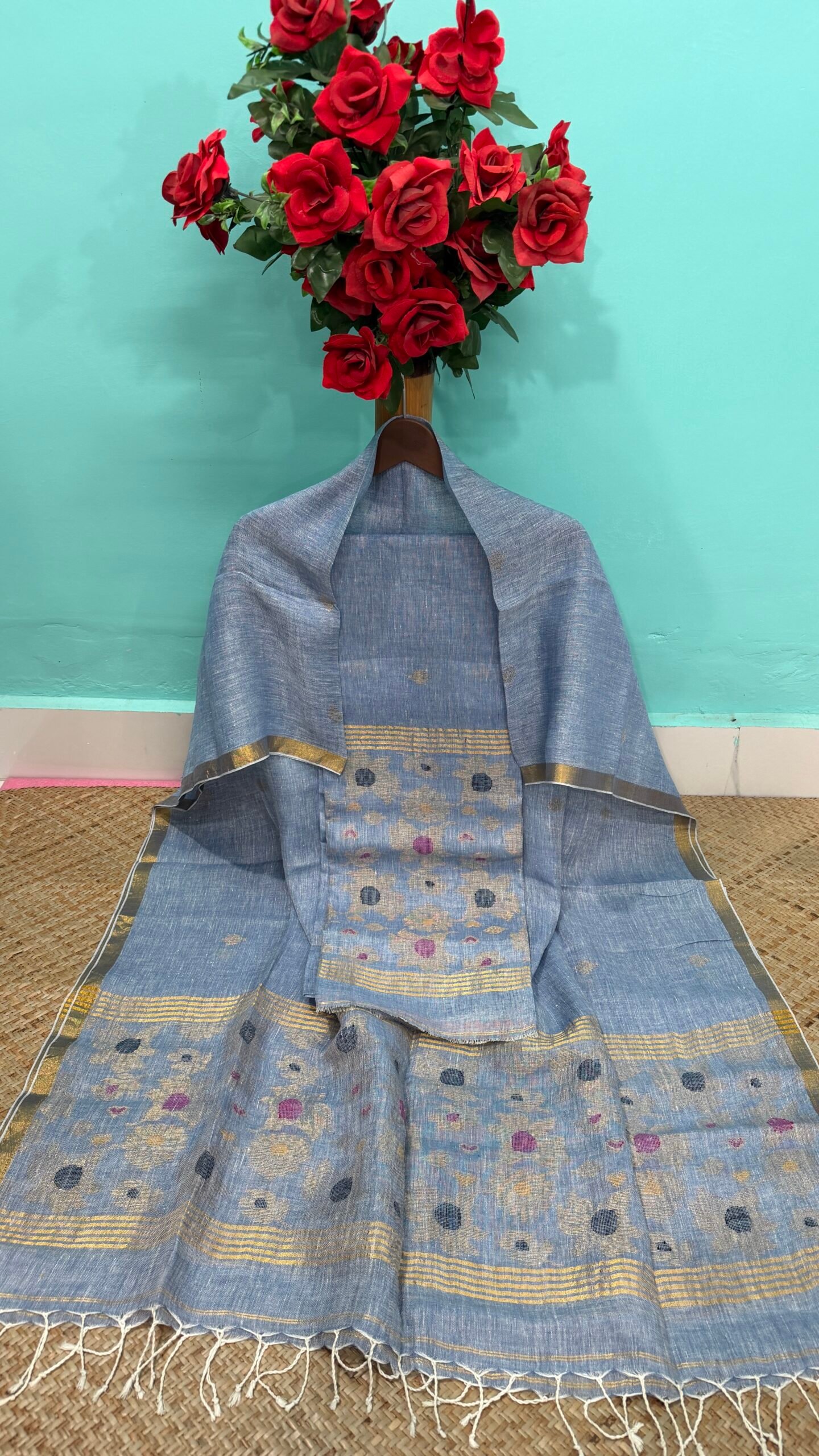 Pure Linen Top & Dupatta Set with Woven Buti Work (2-Piece)