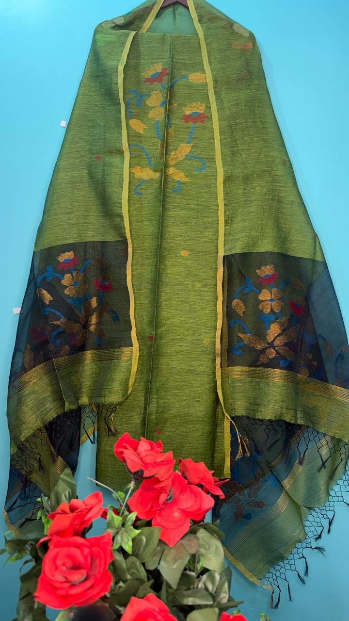 Elegant Silk Linen Top & Dupatta Set (Unstitched)