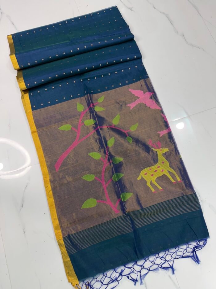 Alternative view of Exquisite Muslin Saree with Sequence Body and Handwoven Animal Motifs