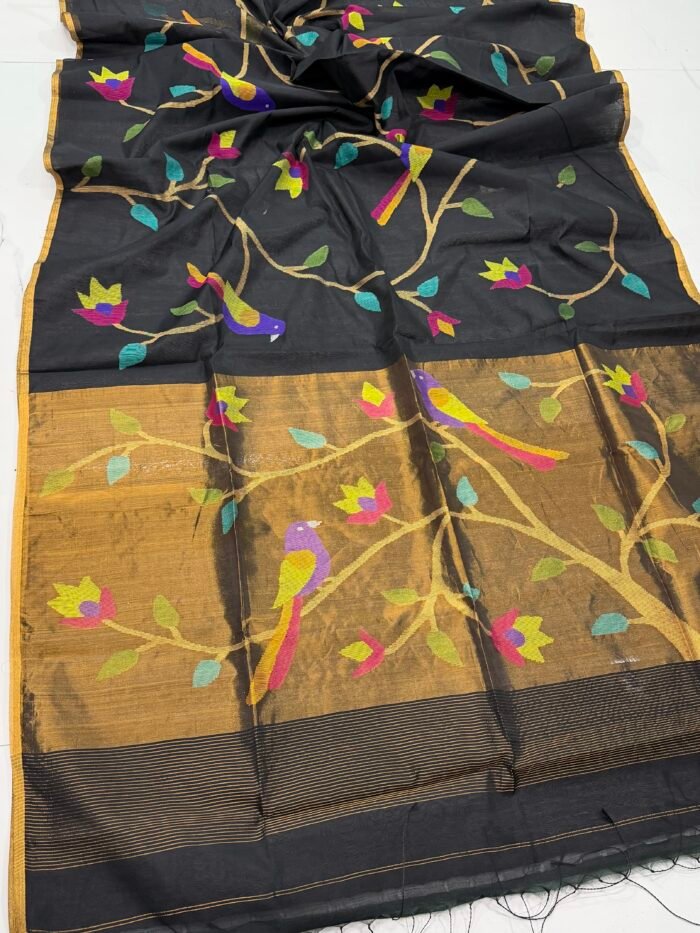 Premium Handwoven Muslin Jamdani Saree with Floral & Avian Motifs