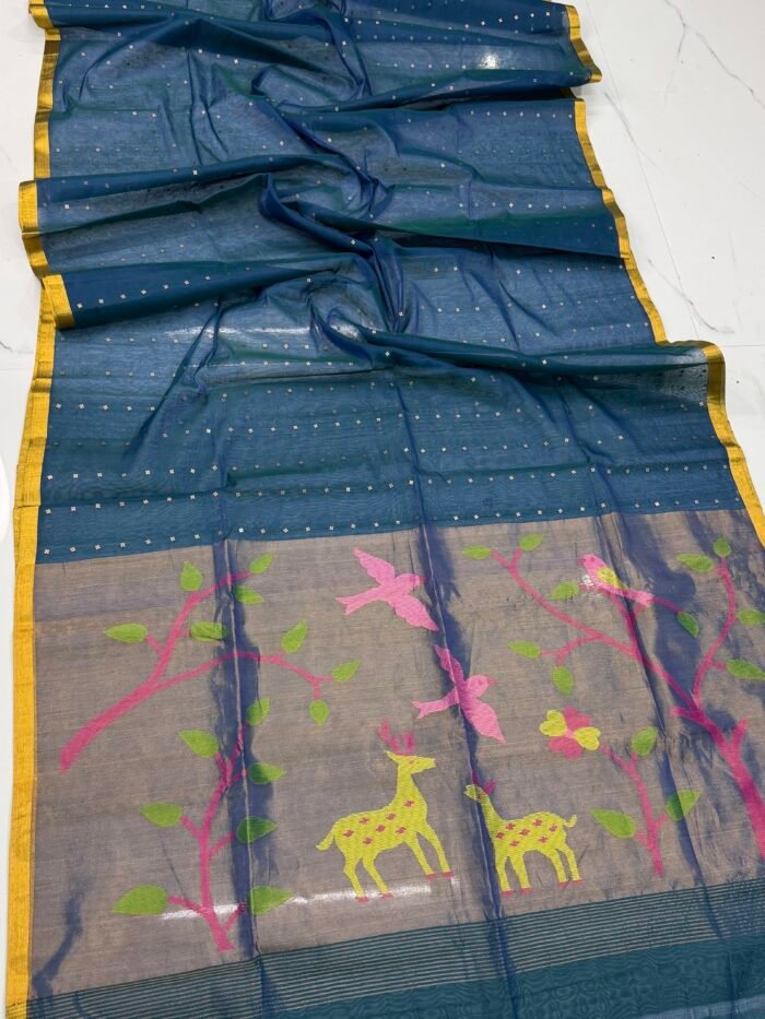 Exquisite Muslin Saree with Sequence Body and Handwoven Animal Motifs