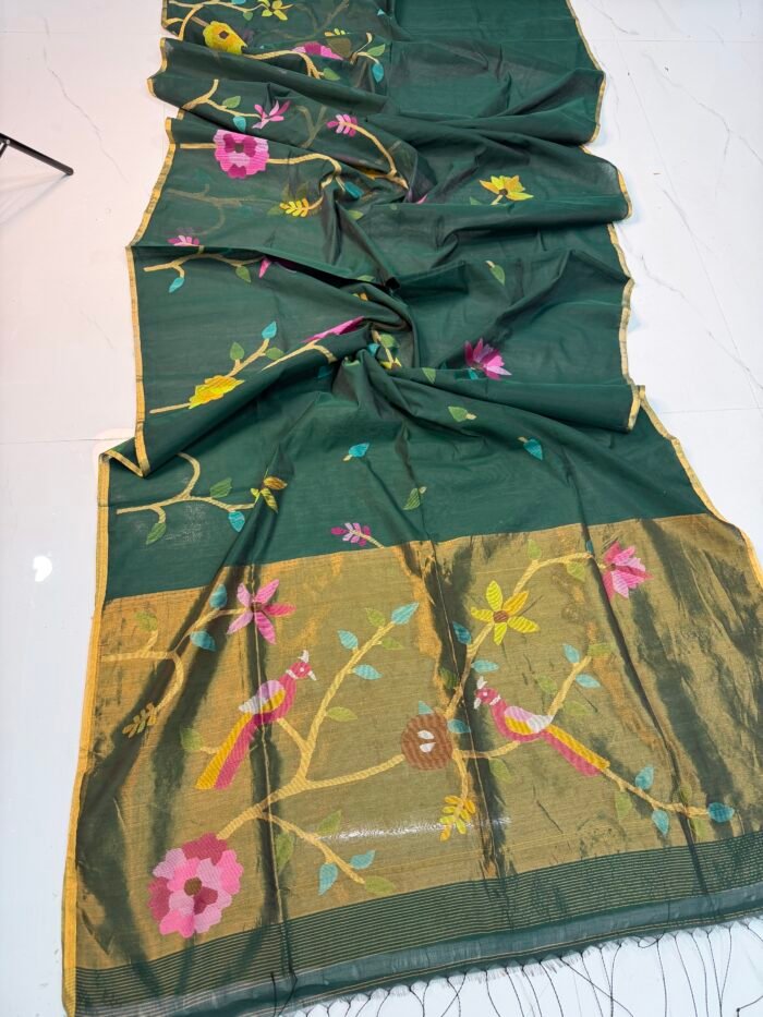 Premium Handwoven Muslin Jamdani Saree with Floral & Avian Motifs
