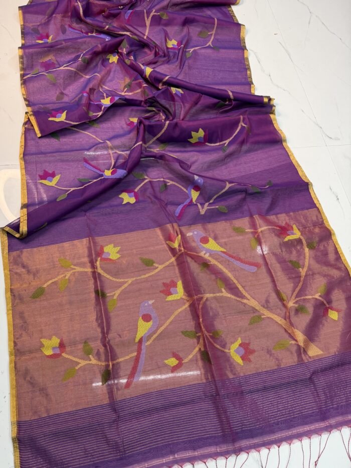 Premium Handwoven Muslin Jamdani Saree with Floral & Avian Motifs