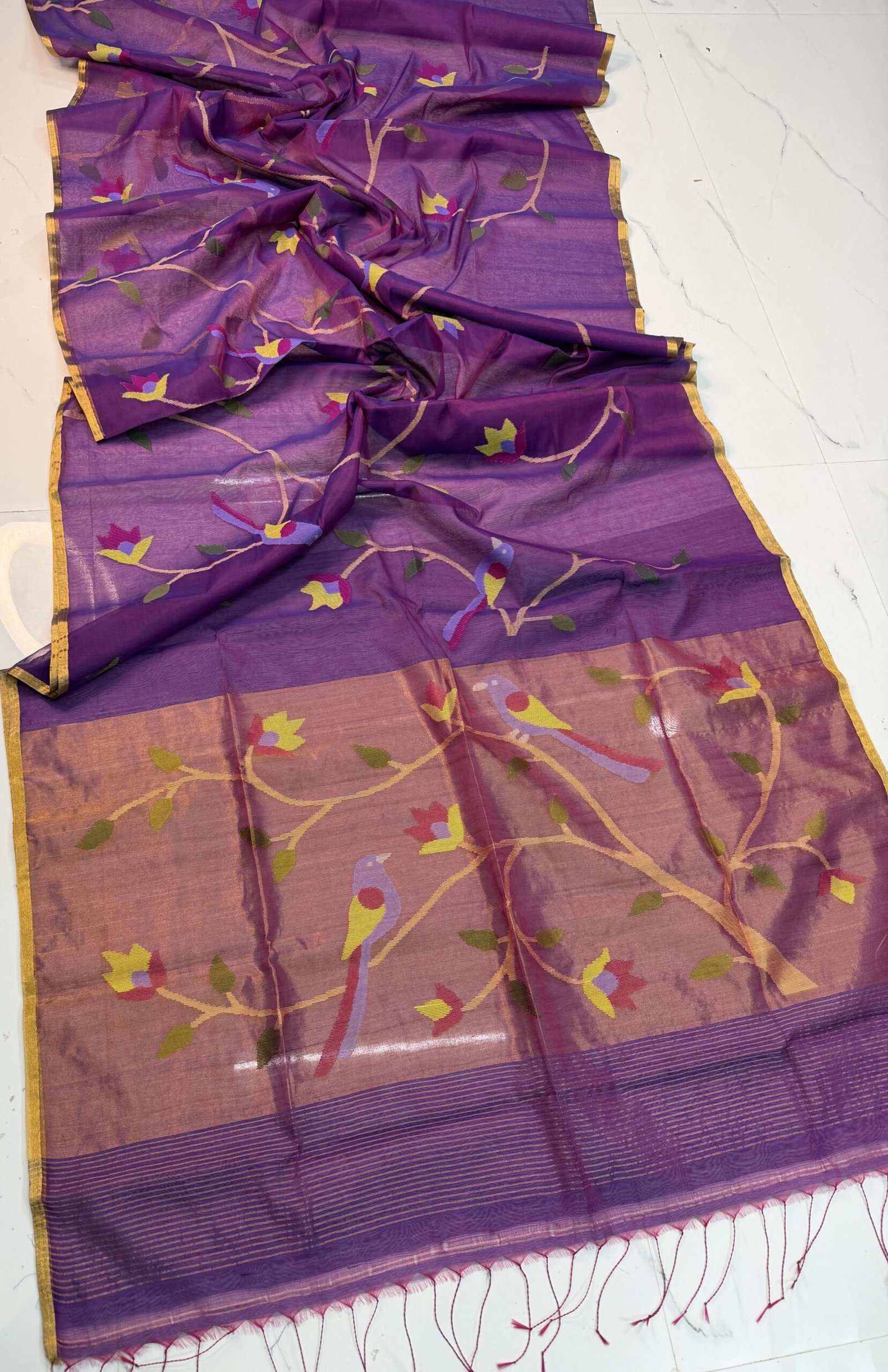 Premium Handwoven Muslin Jamdani Saree with Floral & Avian Motifs