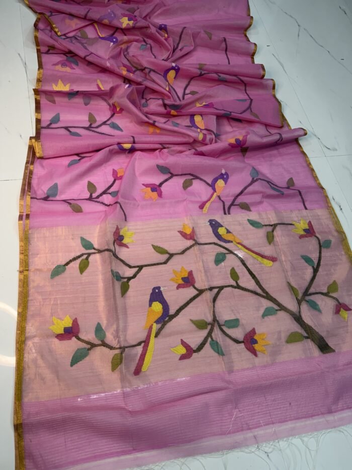 Premium Handwoven Muslin Jamdani Saree with Floral & Avian Motifs