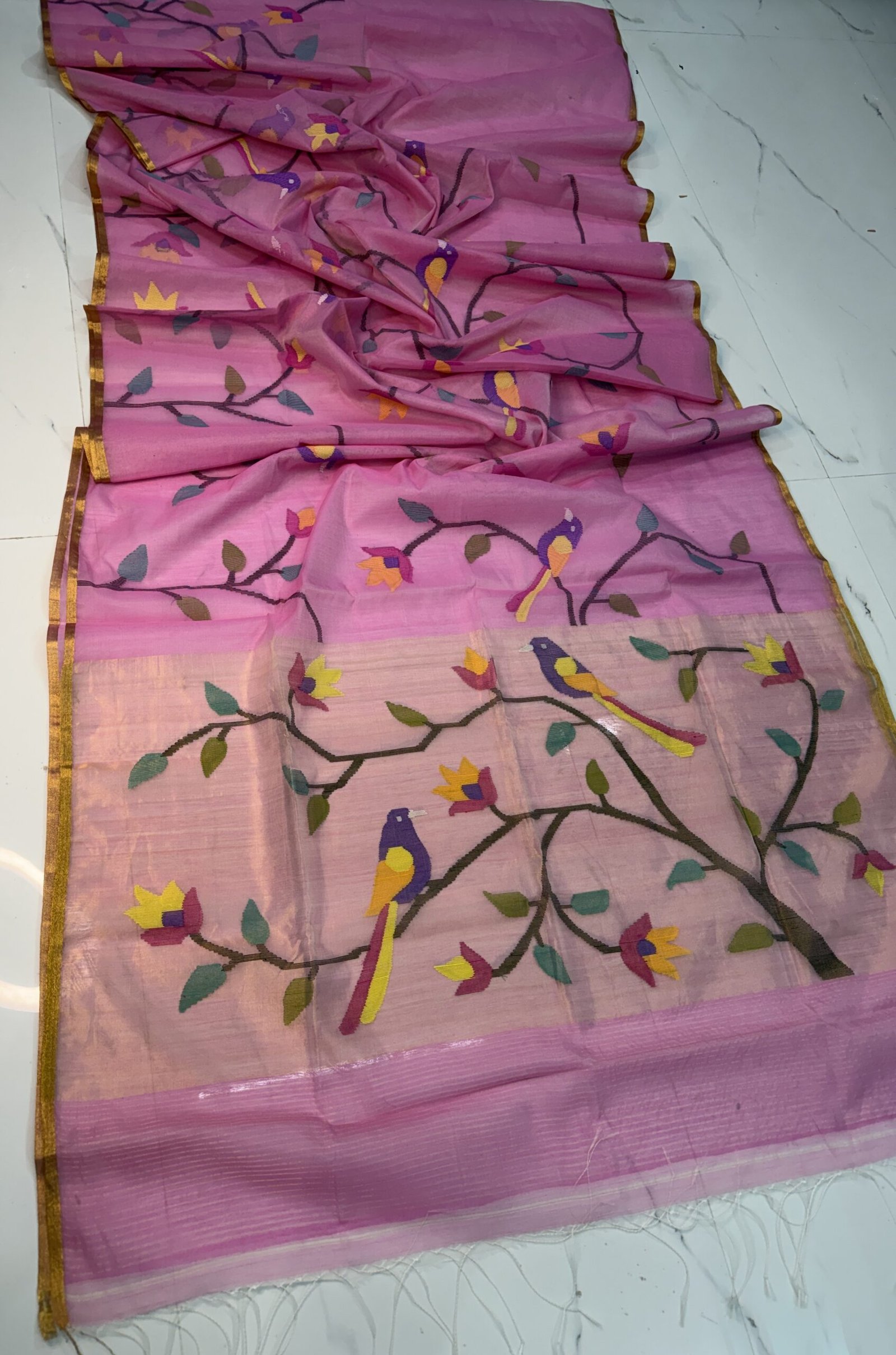 Premium Handwoven Muslin Jamdani Saree with Floral & Avian Motifs