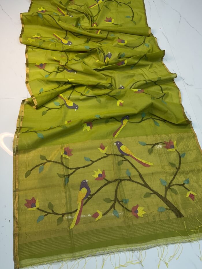 Premium Handwoven Muslin Jamdani Saree with Floral & Avian Motifs