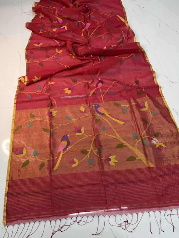 Premium Handwoven Muslin Jamdani Saree with Floral & Avian Motifs