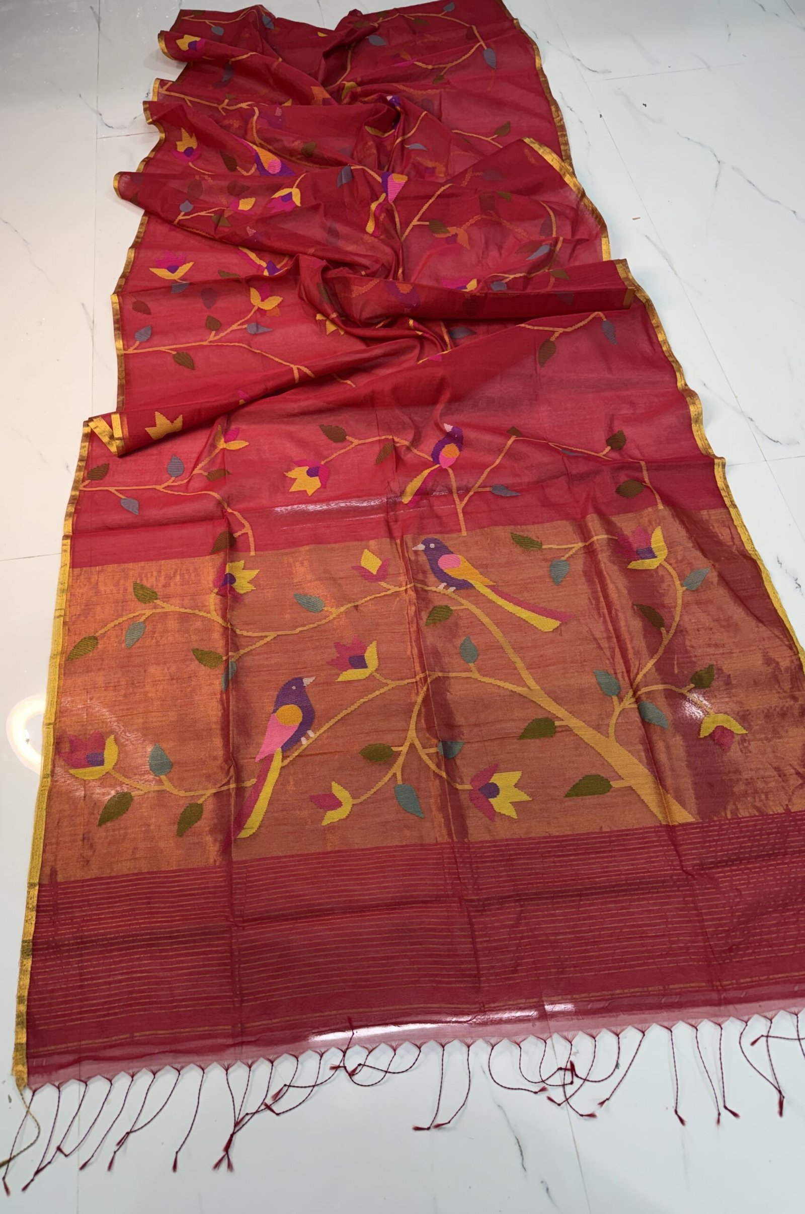 Premium Handwoven Muslin Jamdani Saree with Floral & Avian Motifs