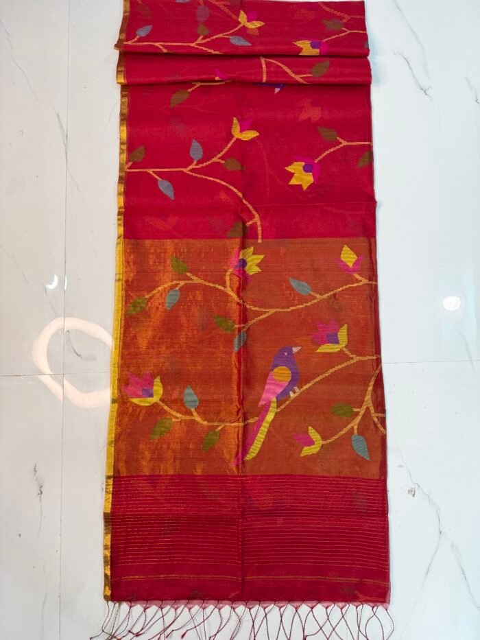 Alternative view of Premium Handwoven Muslin Jamdani Saree with Floral & Avian Motifs