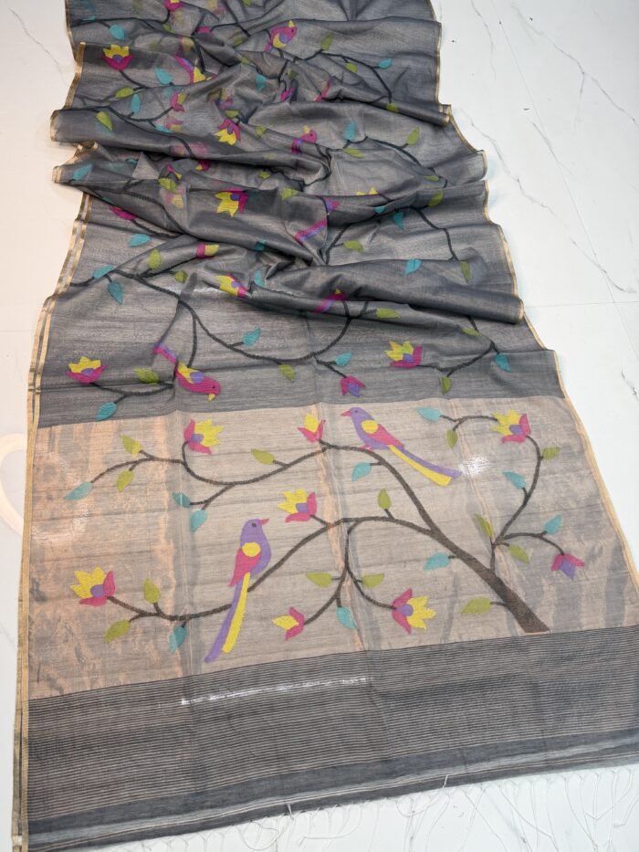 Premium Handwoven Muslin Jamdani Saree with Floral & Avian Motifs