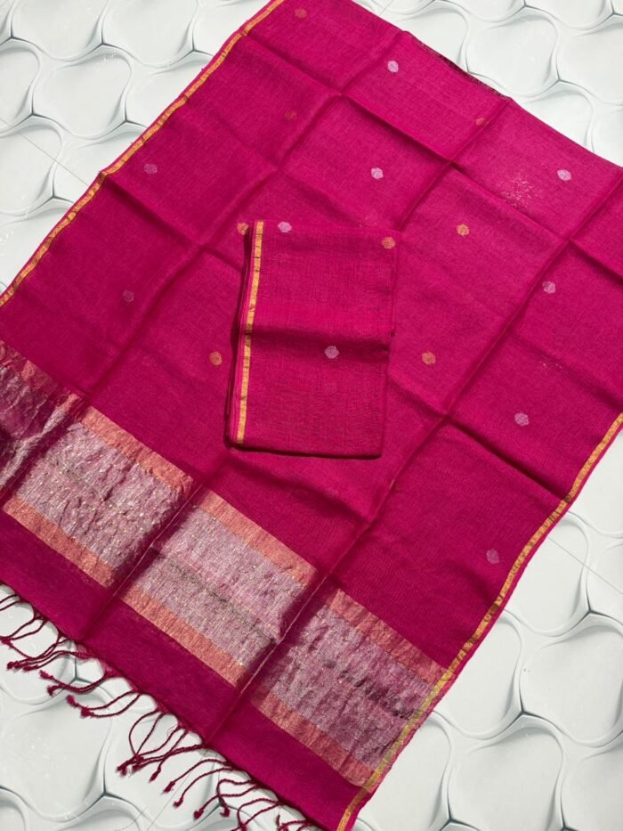 Elegant Crimson Red Pure Linen Top & Dupatta Set with Golden Zari Borders