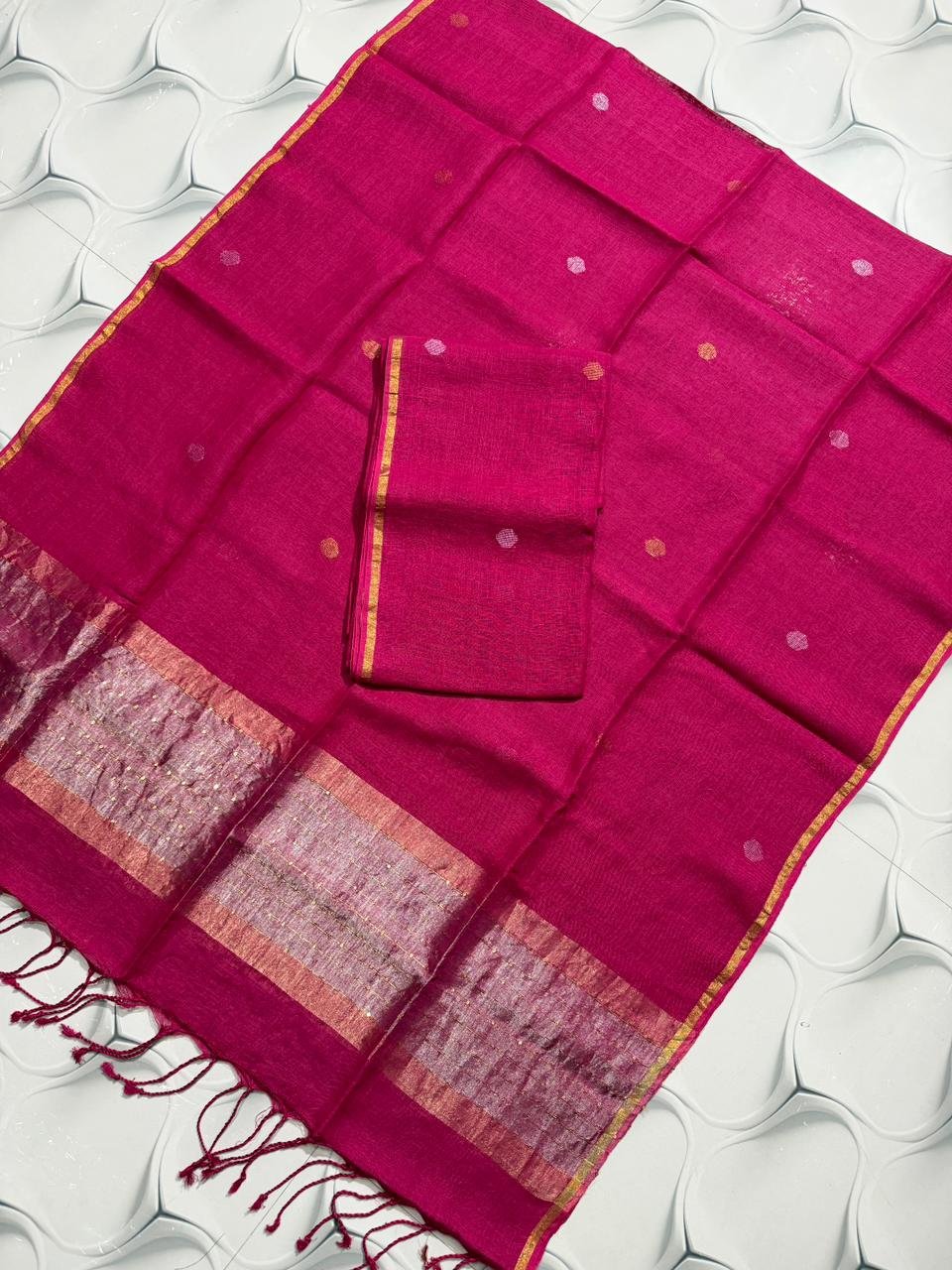 Elegant Crimson Red Pure Linen Top & Dupatta Set with Golden Zari Borders