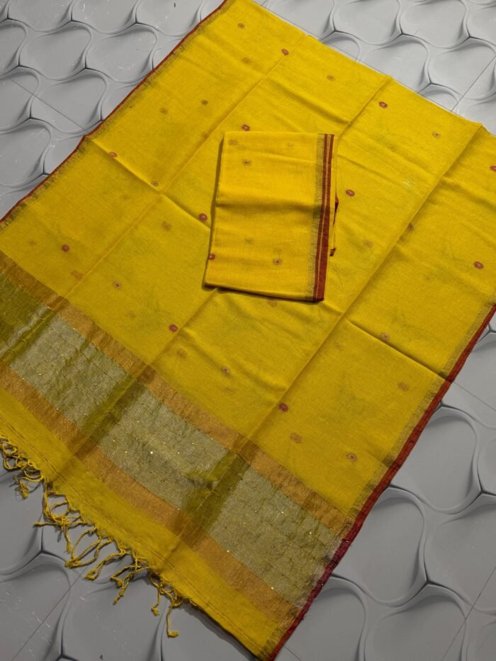 Elegant Crimson Red Pure Linen Top & Dupatta Set with Golden Zari Borders