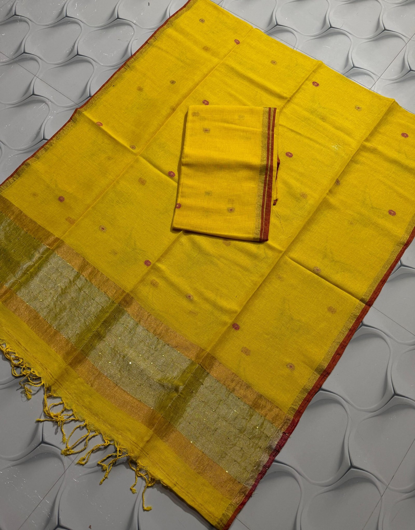 Elegant Crimson Red Pure Linen Top & Dupatta Set with Golden Zari Borders