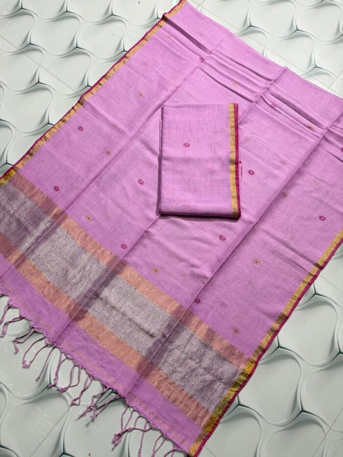 Elegant Crimson Red Pure Linen Top & Dupatta Set with Golden Zari Borders