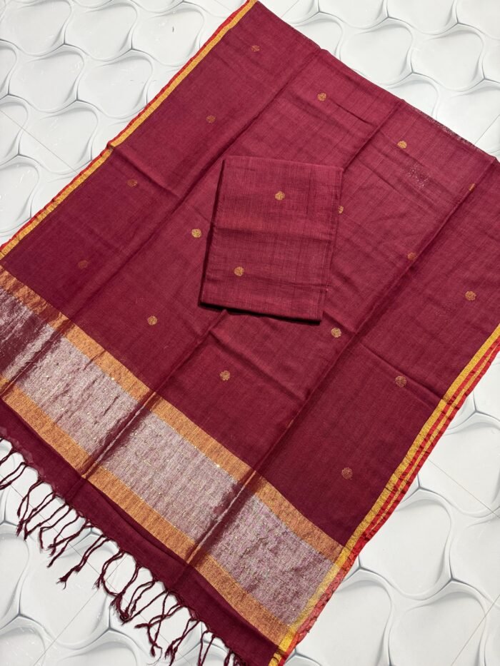 Elegant Crimson Red Pure Linen Top & Dupatta Set with Golden Zari Borders