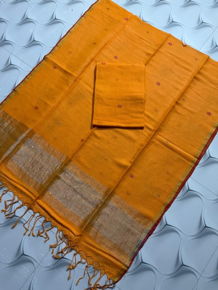 Elegant Crimson Red Pure Linen Top & Dupatta Set with Golden Zari Borders