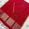 Elegant Crimson Red Pure Linen Top & Dupatta Set with Golden Zari Borders