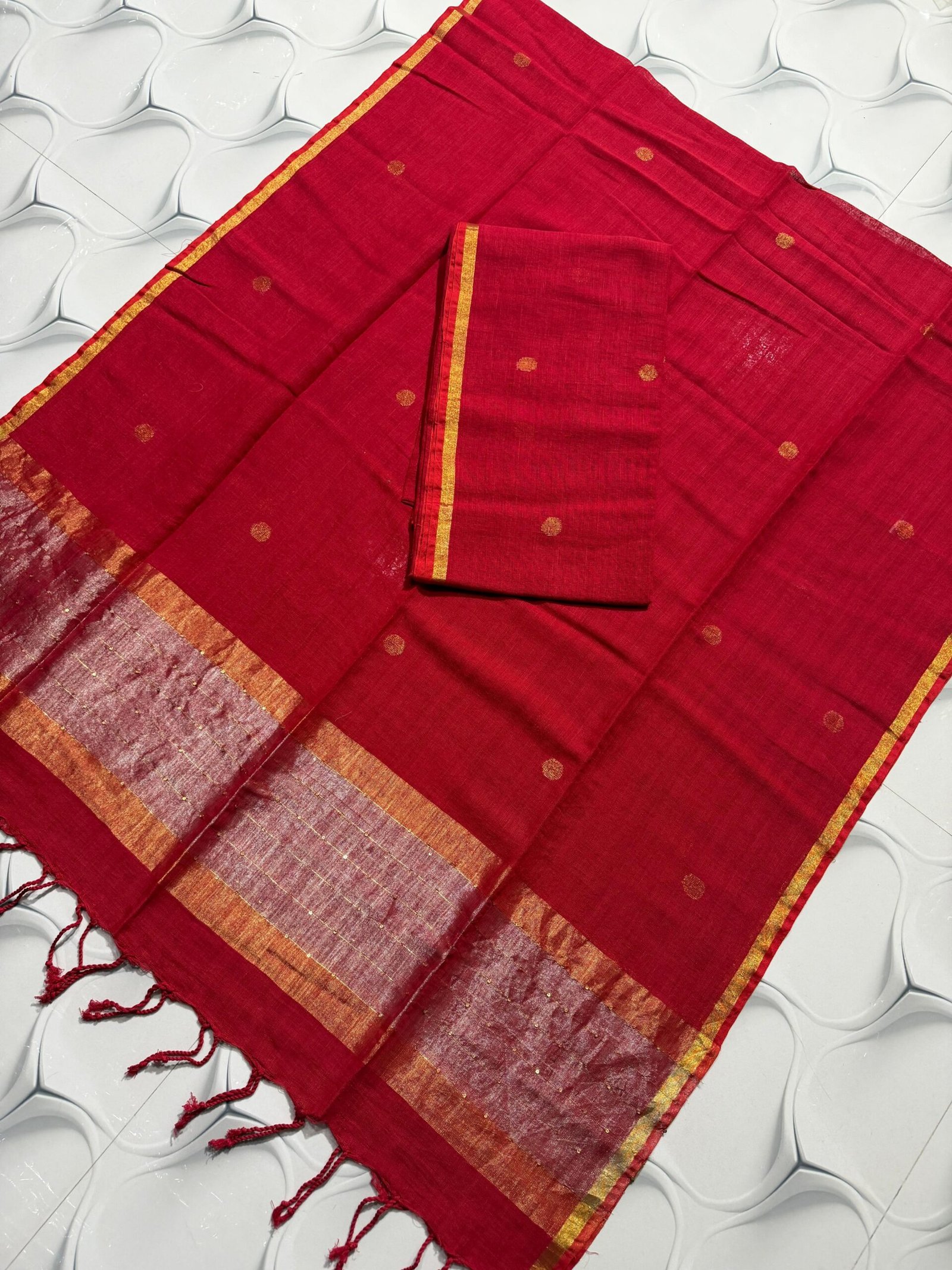 Elegant Crimson Red Pure Linen Top & Dupatta Set with Golden Zari Borders